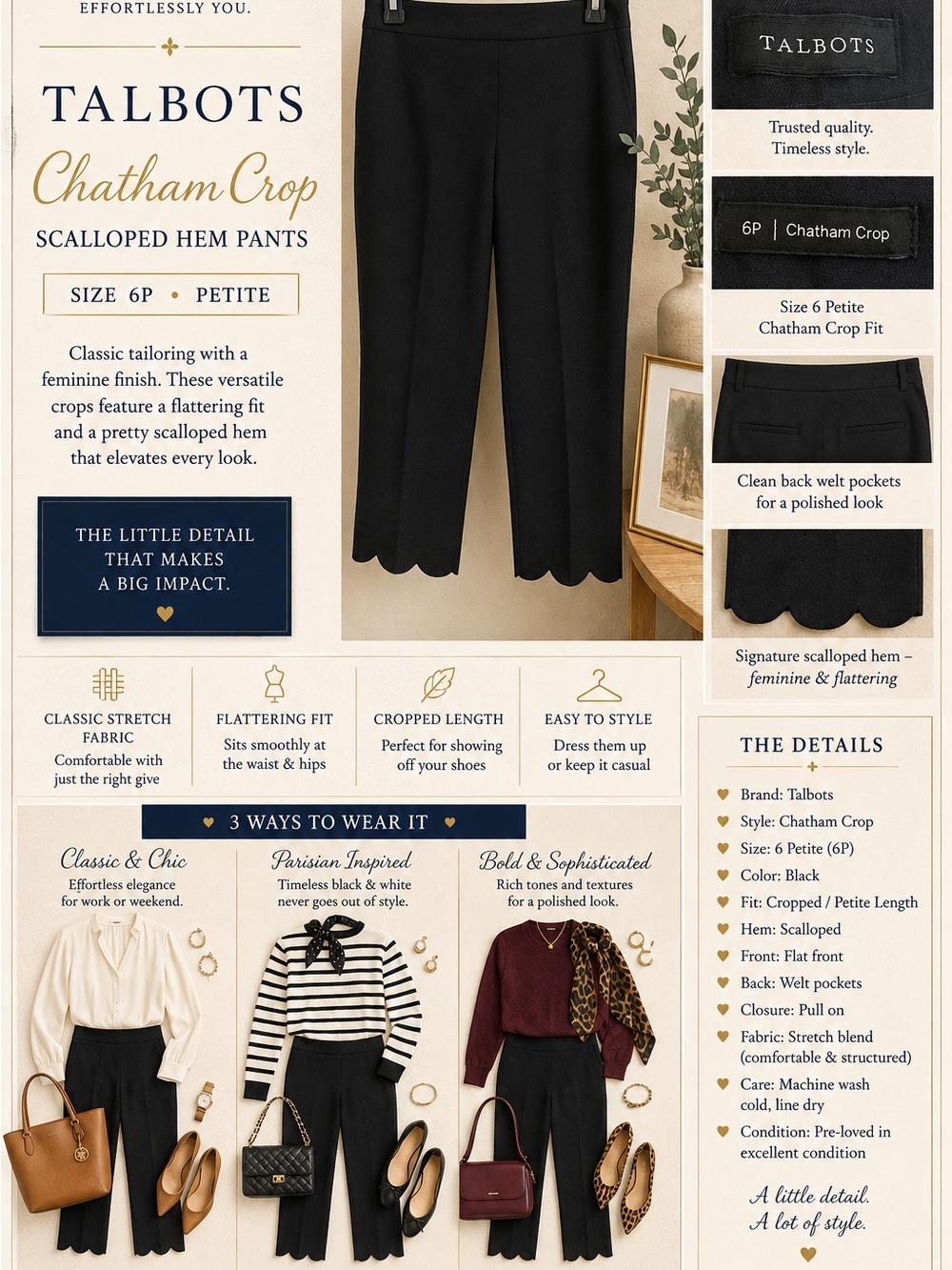 Talbots Black Chatham Crop Scalloped Hem Pants
